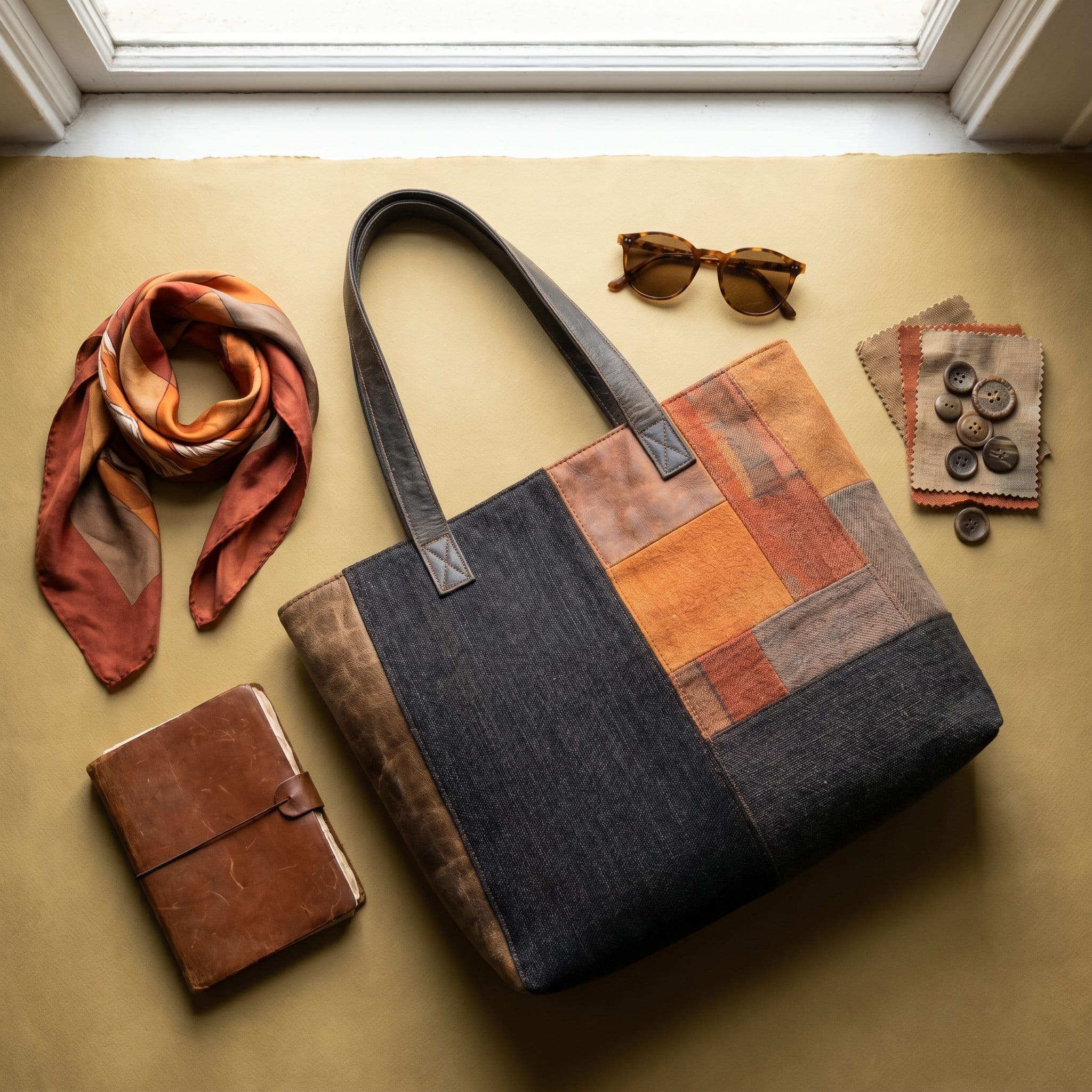 A curated flat-lay of fashion accessories on warm paper